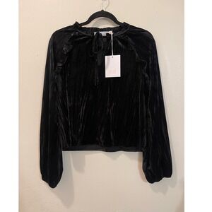 Rachel Parcell NWT Velvet Ruffle Trim Tie Front Top Blouse, Black